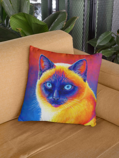 Colorful Rainbow Cute Siamese Cat Polyester Square Throw Pillow