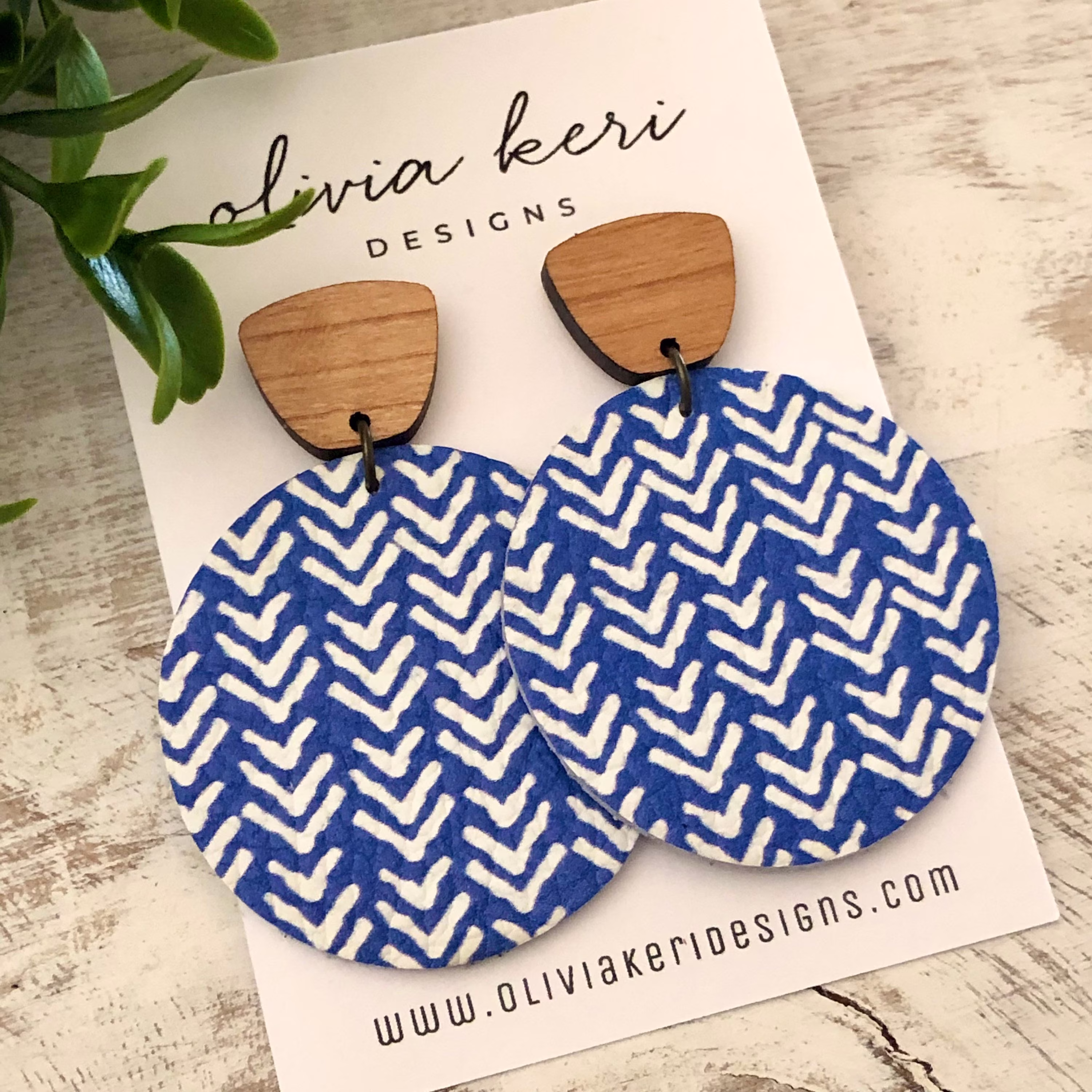 Leather Earrings, Blue Wood Lightweight Earring, Round Boho Dangles, Girl Gift, Gift For Mom