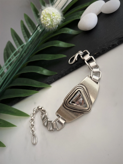 Oversized Swarovski Adjustable Chain Bracelet, Chunky Square Triangle Antique Silver Crystal Cuff, Luxury Jewelry