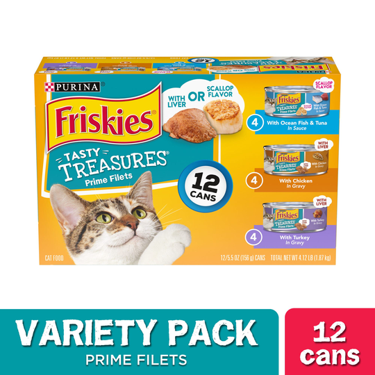 Purina Friskies Gravy Wet Cat Food Variety Pack Cans - Tasty Treasures Prime Filets, 5.5 oz, 12 ct