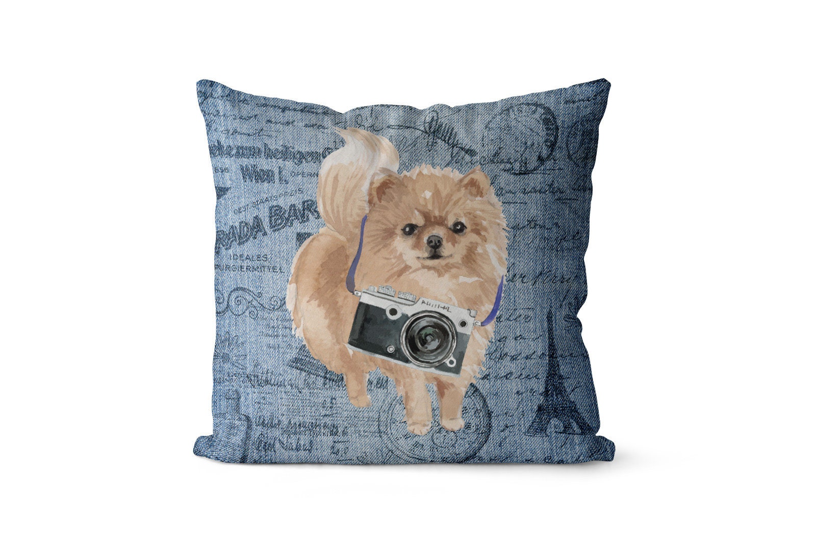 Pomeranian Dog Inspired Throw Pillow - Large Denim Style Cushion With Filling Available in Linen Or Velour. Travel Collection