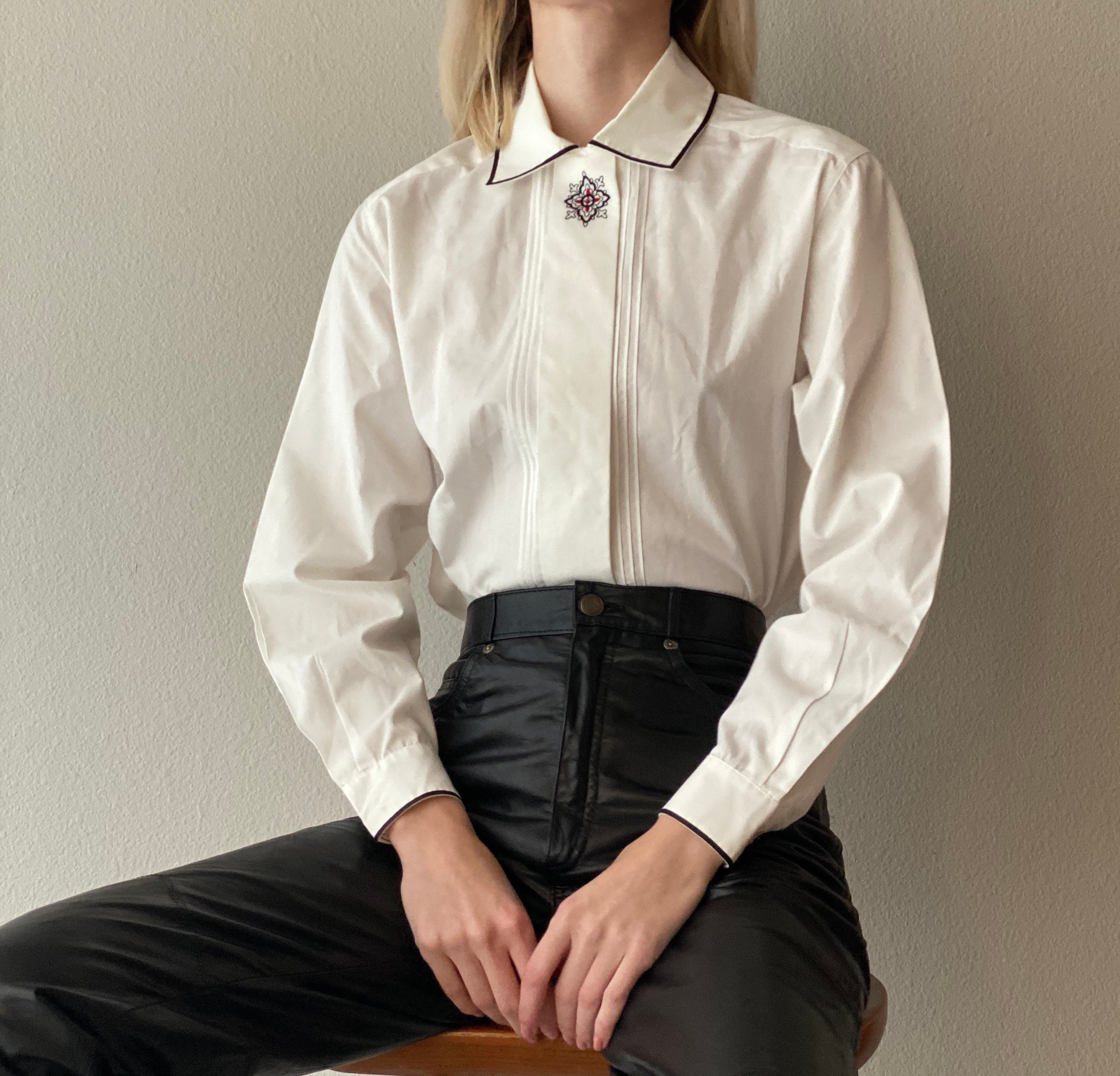 Vintage White Cotton Blend Blouse, Button Up Shirt, Size 6, M