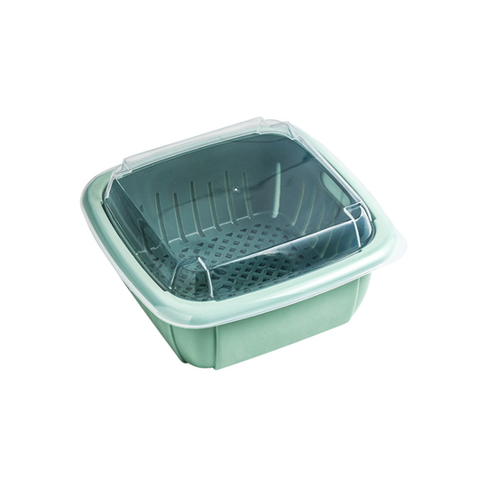 Double Layer Kitchen Fruits Vegetables Washing Drain Storage Basket with Lid - green