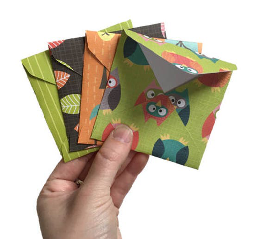 Set Of 4 // Mini Square Envelopes/Owl Stationery Feather Nature Cards
