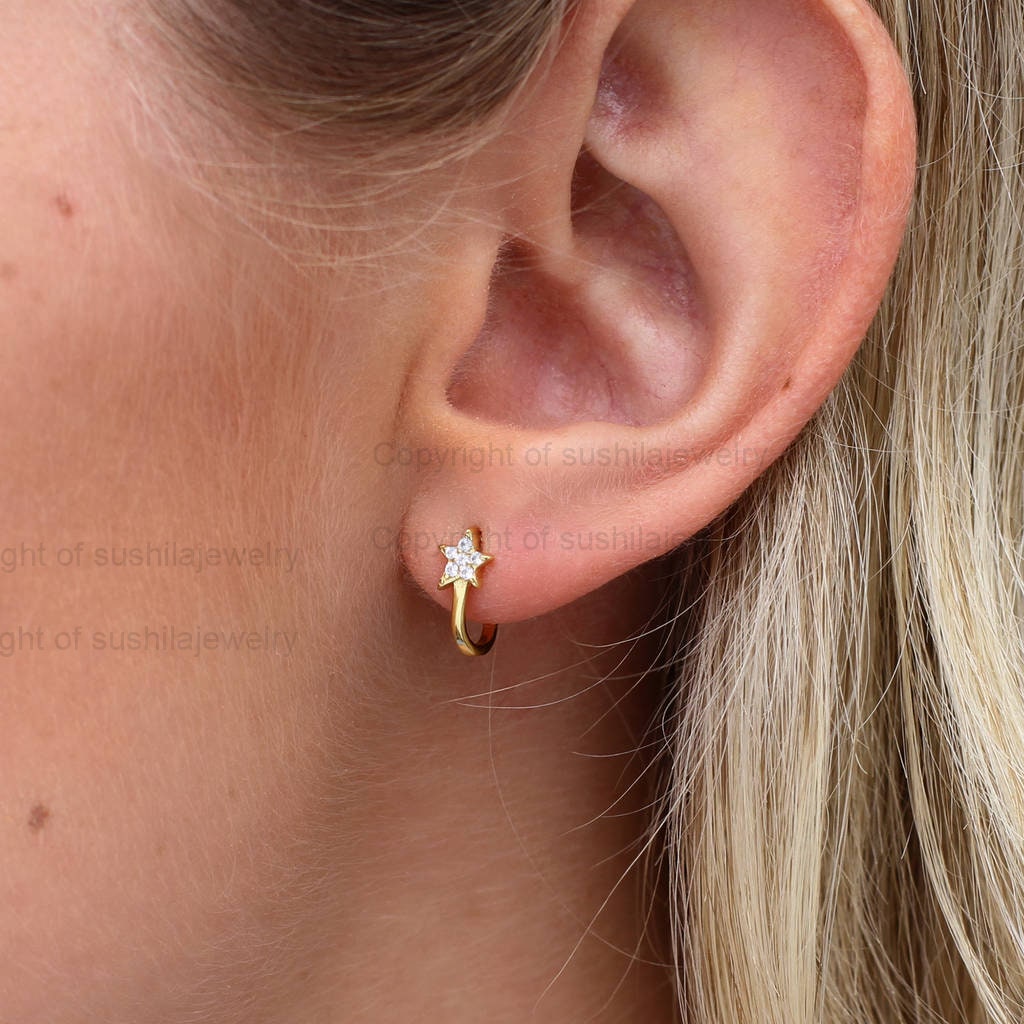 Genuine 0.11 Ct. Si Clarity G-H Color Diamond Starburst Huggie Hoop Earrings Christmas Day Jewelry Gift For Wife/ Beloved