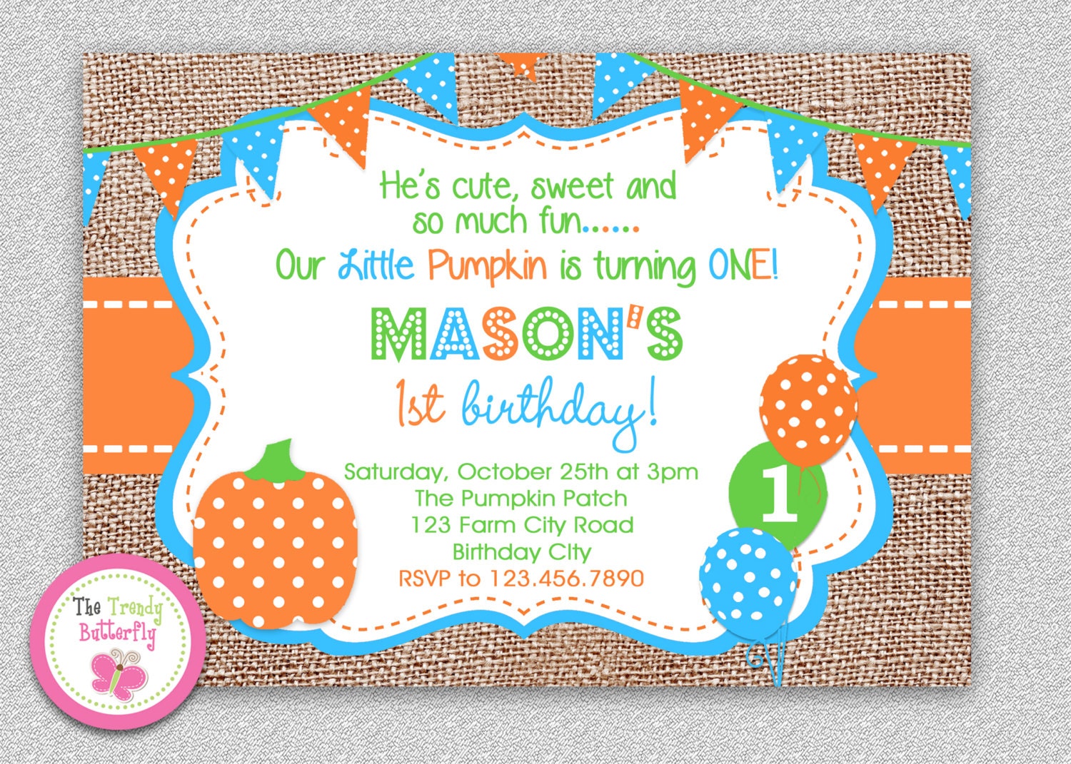Fall Boys Birthday Pumpkin Invitation , Polka Dot Orange 1st Party Invitation, Burlap