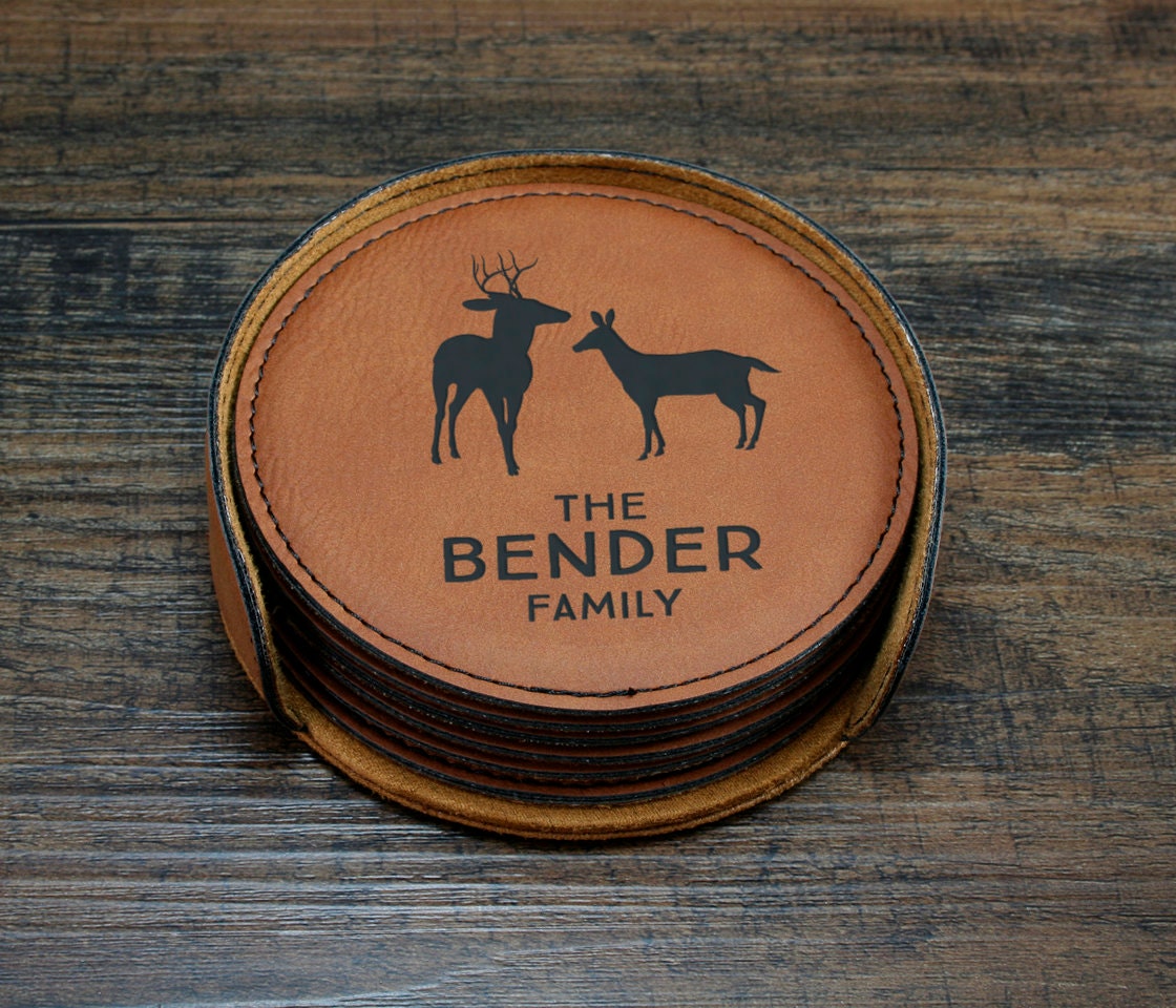 Personalized Deer Coaster Set, Custom Home Decor, Engraved Coasters, Family Name Couples Gift