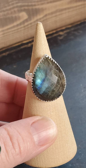 Labradorite 925 Silver Ring, Statement Tear Drop Blue Stone Silversmith Work