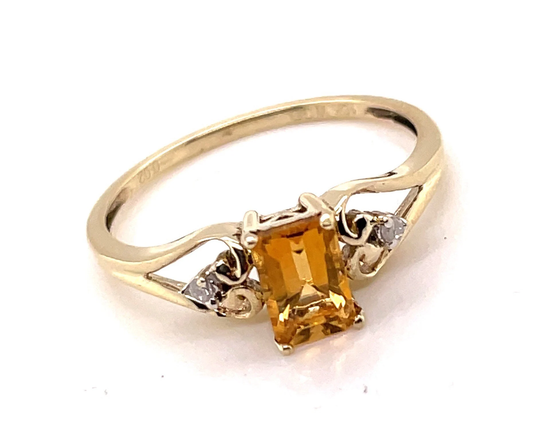 Emerald Cut Citrine & Diamond 10Kt Yellow Gold Three Stone Ring