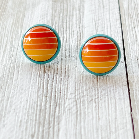 Orange Striped Earrings, Gradient Stud Earring, Blue Stainless Steel Boho Statement Jewelry, Summer Gifts For Her