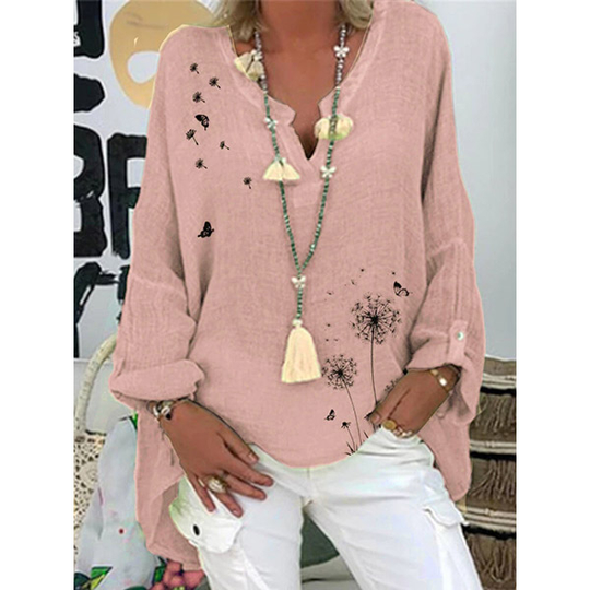 Printing Cotton Blends Raglan Sleeve Casual Long Sleeve Tops - Pink, 2XL