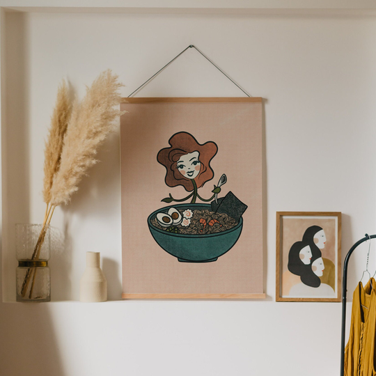 Flower Enjoying Ramen Mid Century Inspired Cartoon Print Wall Decor 9x12