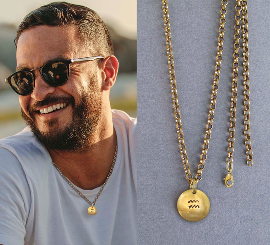 Aquarius Zodiac Necklace Brass Pendant On Chain Or Black Leather Cord January February Birthday Gift For Men Women Unisex