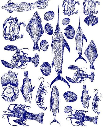 Seafood in Blue - Ceramic Decals- Enamel Decal Fusible Glass Fusing ~ Waterslide 55179Bl