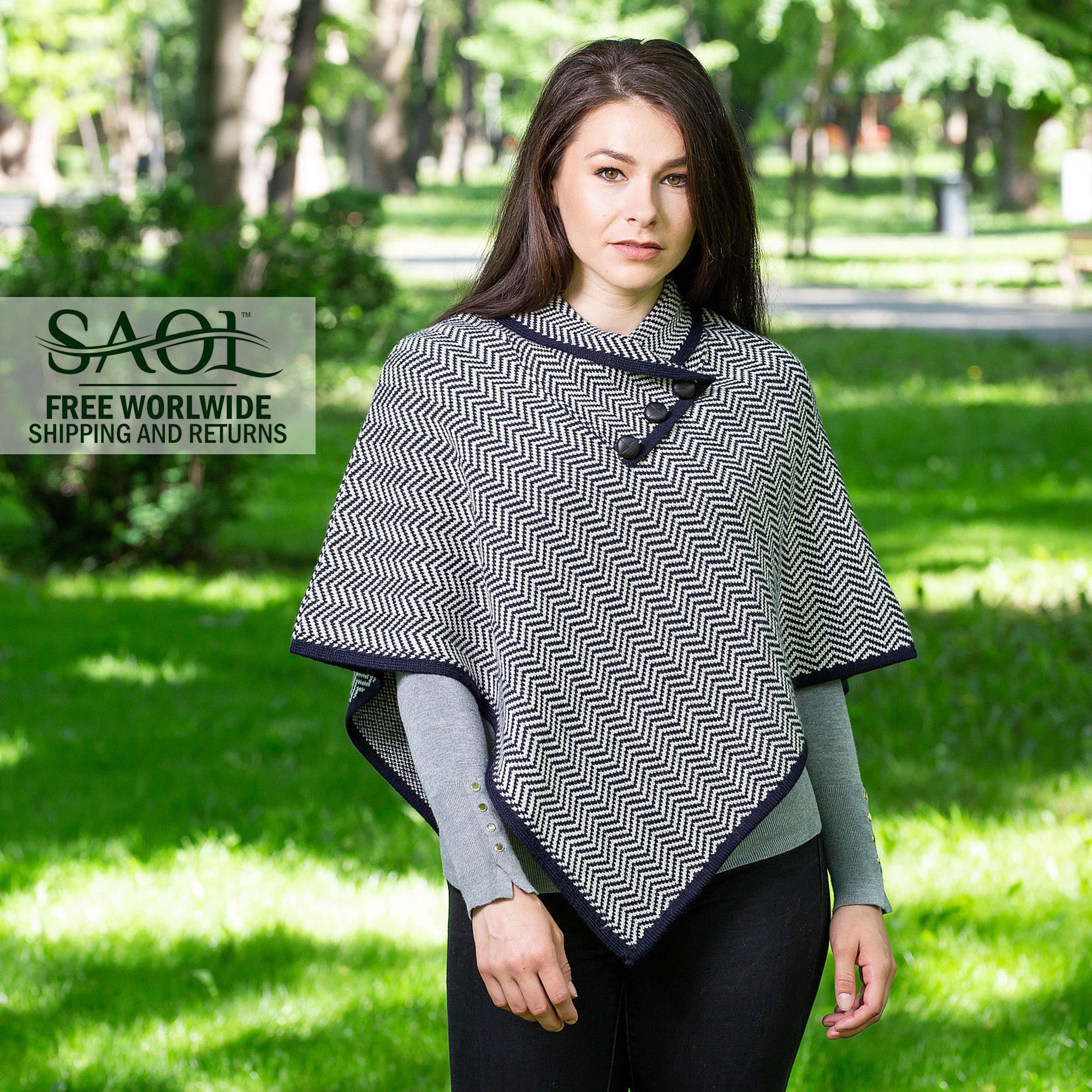 Irish Aran Poncho, Merino Wool Blend Fisherman Womens Traditional Poncho Shawl, Herringbone Wrap Ireland Knitted Cape