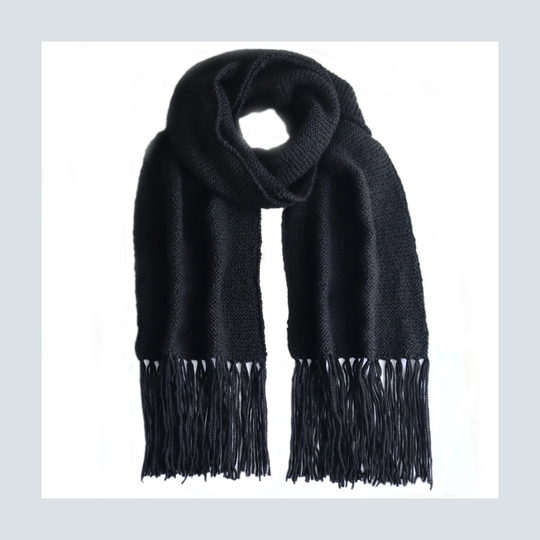 Winter Scarf Long Alpaca Blend Handknitted With Fringes Unisex, Black
