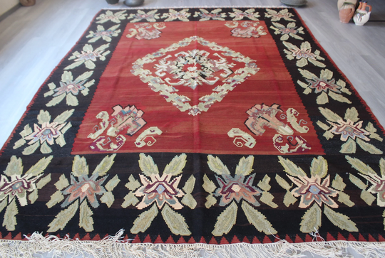 Over Sized Kilim Rug, Vintage Karabagh Large Ethnic Kilim, Floral Decorative/7'7"x10'9" Feet N-535