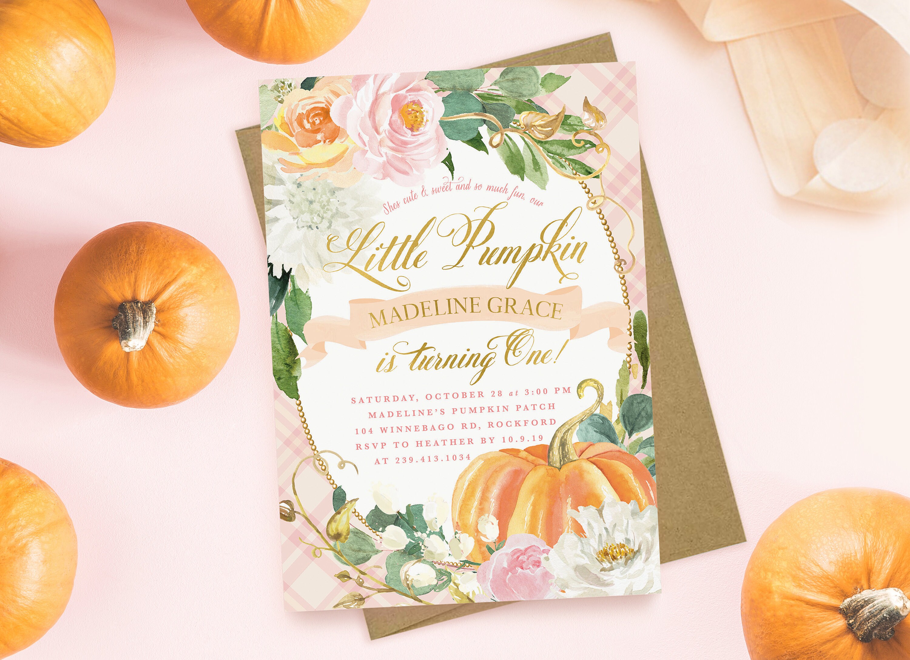Pumpkin Birthday Invitation, Fall First Birthday Invitation, 1st Invite, Little Is One, Orange & Pink - 16