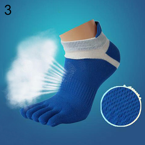 1 Pair Men's Cotton Blended Sports Five Finger Toe Socks Patchwork Mesh Socks - blue