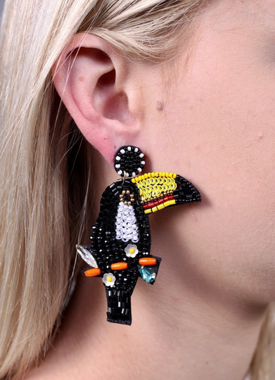 Beaded Toucan Bird Earrings/Black Yellow White Beach Statement Jewelry Summer Vacation Tropical Gifts For Her Large Fun Earring