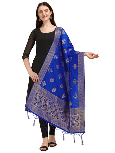 Women's Silk Blend Color - Royal Blue Forest Woven Floral Zari Dupatta Banarasi /Chunni Free Shipping