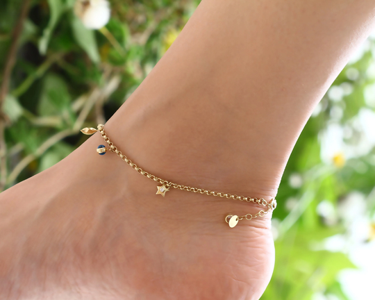 14K Soild Gold Boho Anklet, Women's Minimalist Ankle Bracelet, Star Anklet Summer, Adjustable Bracelet, Beach With Blue Charm