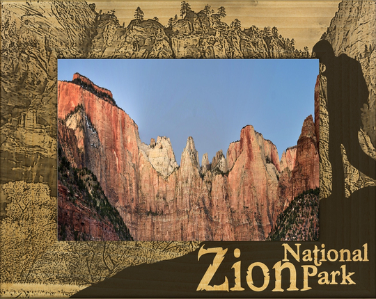 Zion National Park With Hiker Laser Engraved Wood Picture Frame