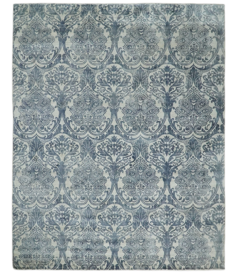 Handmade 8x10 Ivory & Blue Blended Wool Bamboo Silk Damask Design Area Rug | Qt13