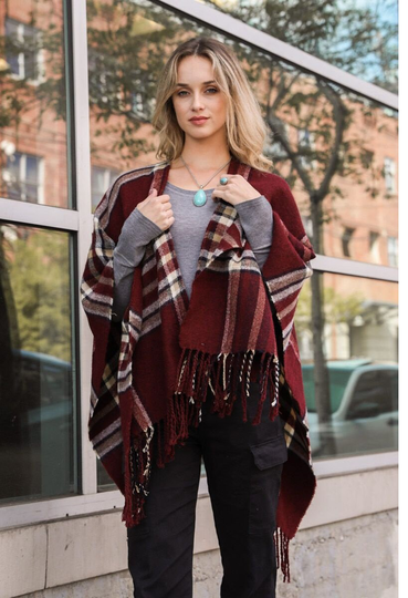 Poncho With Plaid Buffalo Checkers, Woman's Poncho, Black Red Classic Plaid Pocket Ruana One Size Fits Most, Crochet Poncho Sweater
