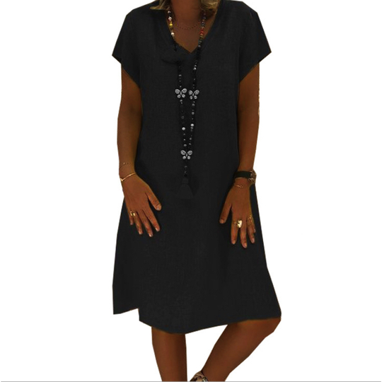 2022 Solid color short sleeve V-neck A-Slim dress cotton blend - BLACK, M
