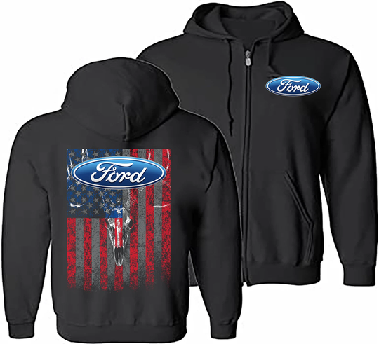 Ford Blue Logo Flag Zipper Hoodie - Unisex Adult Full Zip Officially Licensed Product