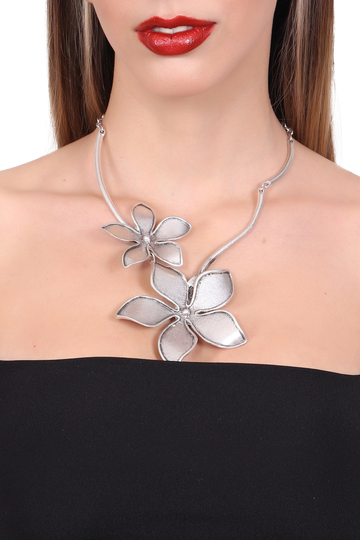 Antique Silver Statement Adjustable Chunky Bib Necklace, Boho Style Vintage İnspired Big Flower Necklace