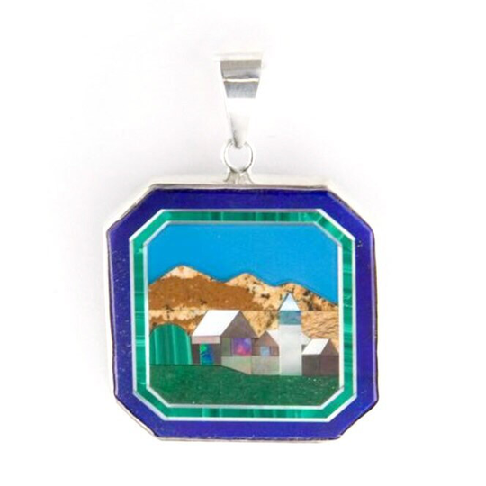 Gemstone Inlay Mosaic Sterling Silver Farm Scene Pendant, One Of A Kind