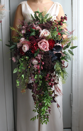 Deep Green Burgundy Blush Wedding Bouquet, Cascading Fall Bouquet