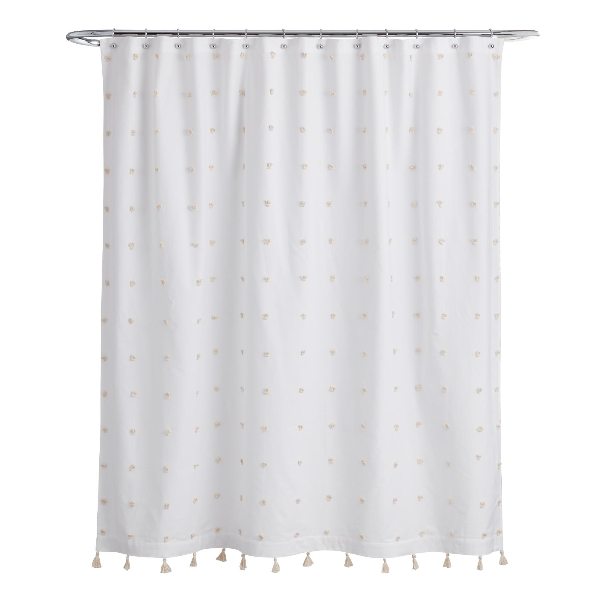 White and Ivory Embroidered Pom Pom Ellie Shower Curtain by World Market