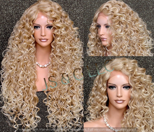 Blonde Mixed Human Hair Blend Full Lace Front Wig Extra Volume & Curly Untamed Wild Heat Ok Side Parting Cancer Aloepcia Anime