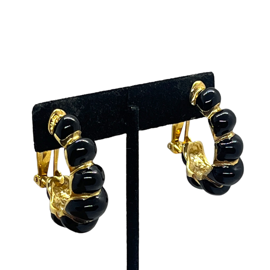 Classy Vintage Enamel Hoop Earrings 1980S 1990S Gold Black Rams Horn Twist Chunky Oversized Statement Jewelry