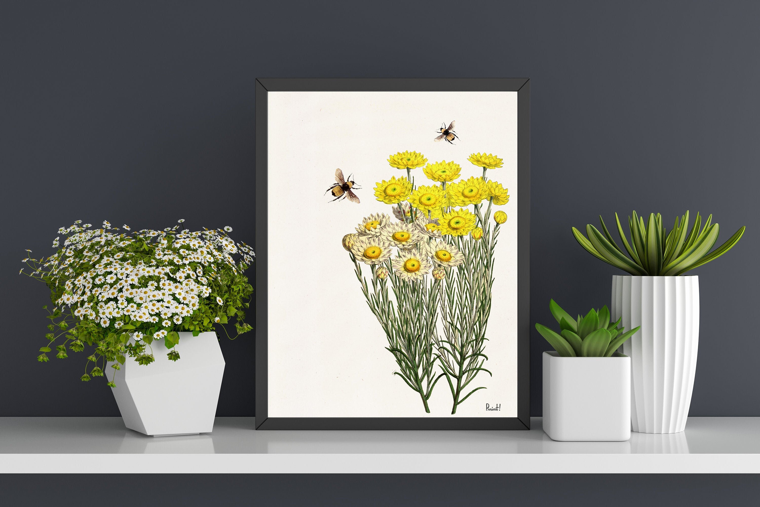 Spring Decor Yellow Wild Flowers With Bees Print- Housewarming Gift- Save The Bees Wall Art - Art- Wild Flower Print Bfl238Wa3