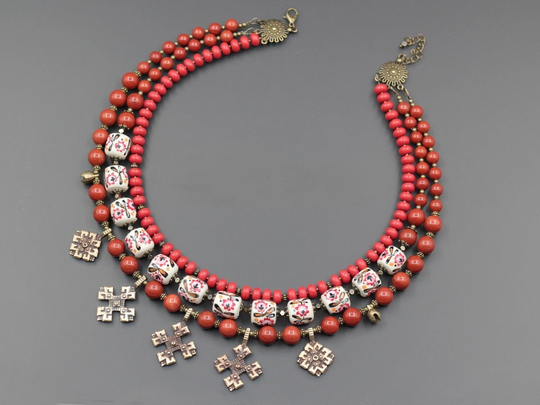 Handmade Necklace Made Of White Clay Beads Jasper, Preciosa Author's Fences Red Namysto, Vyshyvanka Accessory Folk Boho Style Necklace