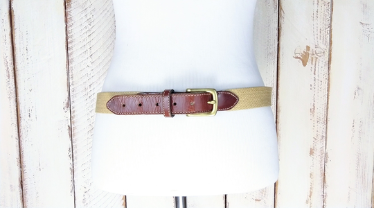 Vintage Tan Beige Brown Cotton Canvas Leather Belt/Woven Chord Belt/34
