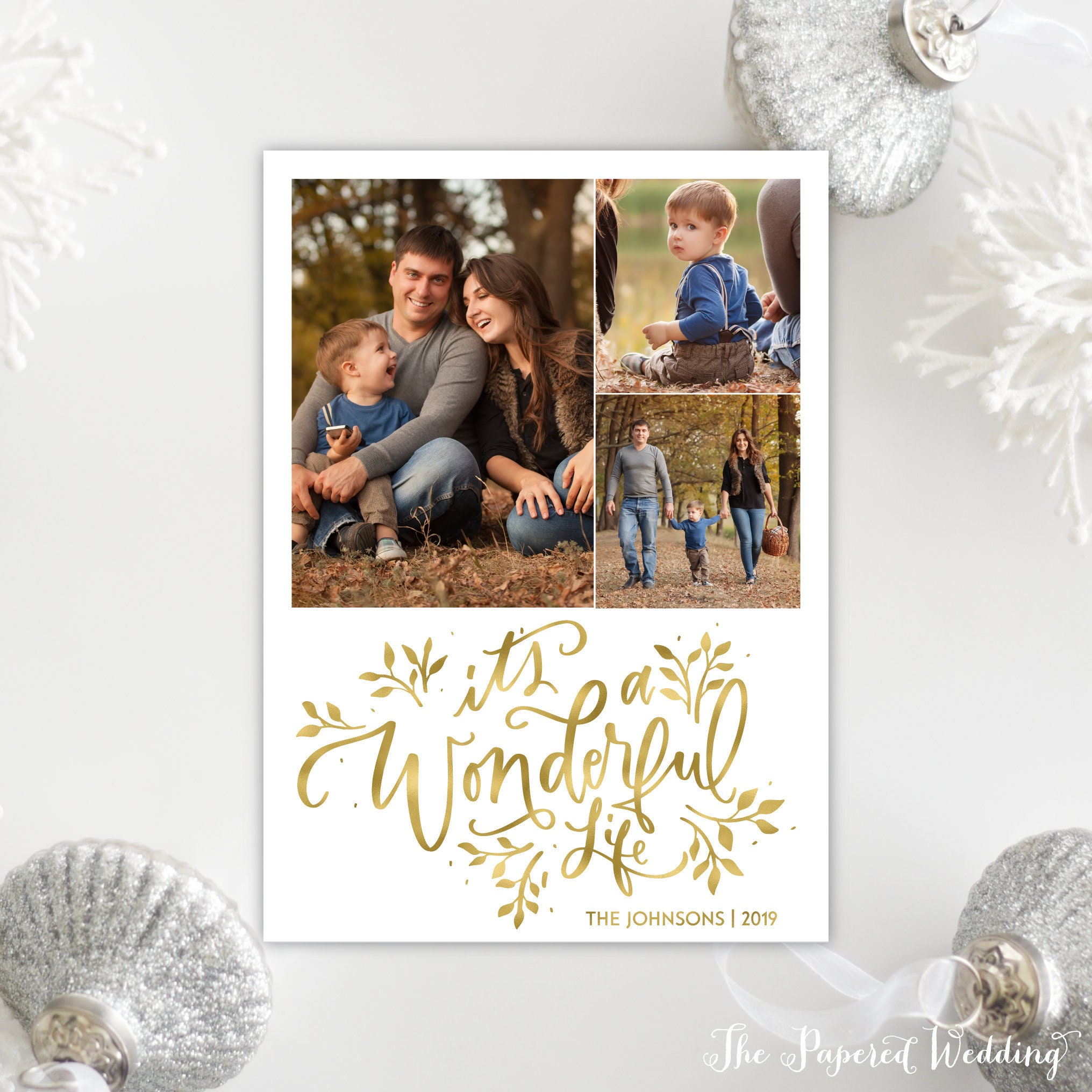 Printable Or Printed It's A Wonderful Life Picture Christmas Cards in Faux Gold Foil - Three Photo Holiday & White 077 P3