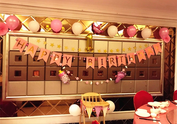 Pink & Gold Birthday Party Decorarations. Glitter Happy Banner. Banner Butterfly Style, Decoration