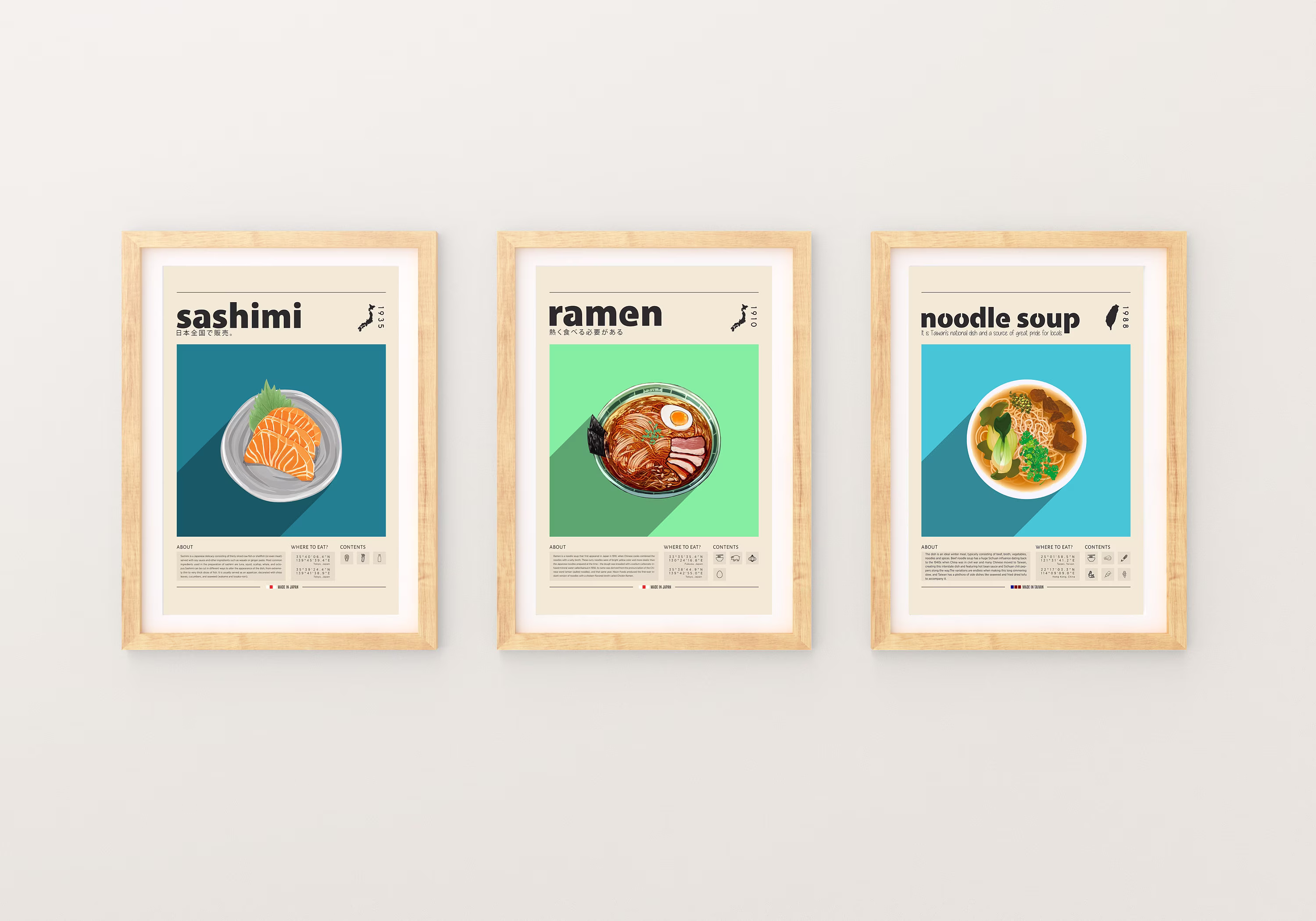 Food Poster Set Of 3, Japanese Food, Tahailand Retro Poster, Housewarming Gift, Kitchen Decor, Mid Century Minimalist Print