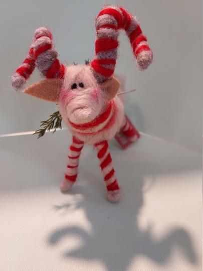 New... Candy Cane Ram Felted Wool 5" Ornament