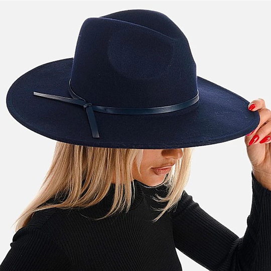 Navy Wide Brim Fedora Hat Wool Blend Panama Flat Stiff Stylish Boho Fashion For Women Party Dress Vacation Holiday Gift