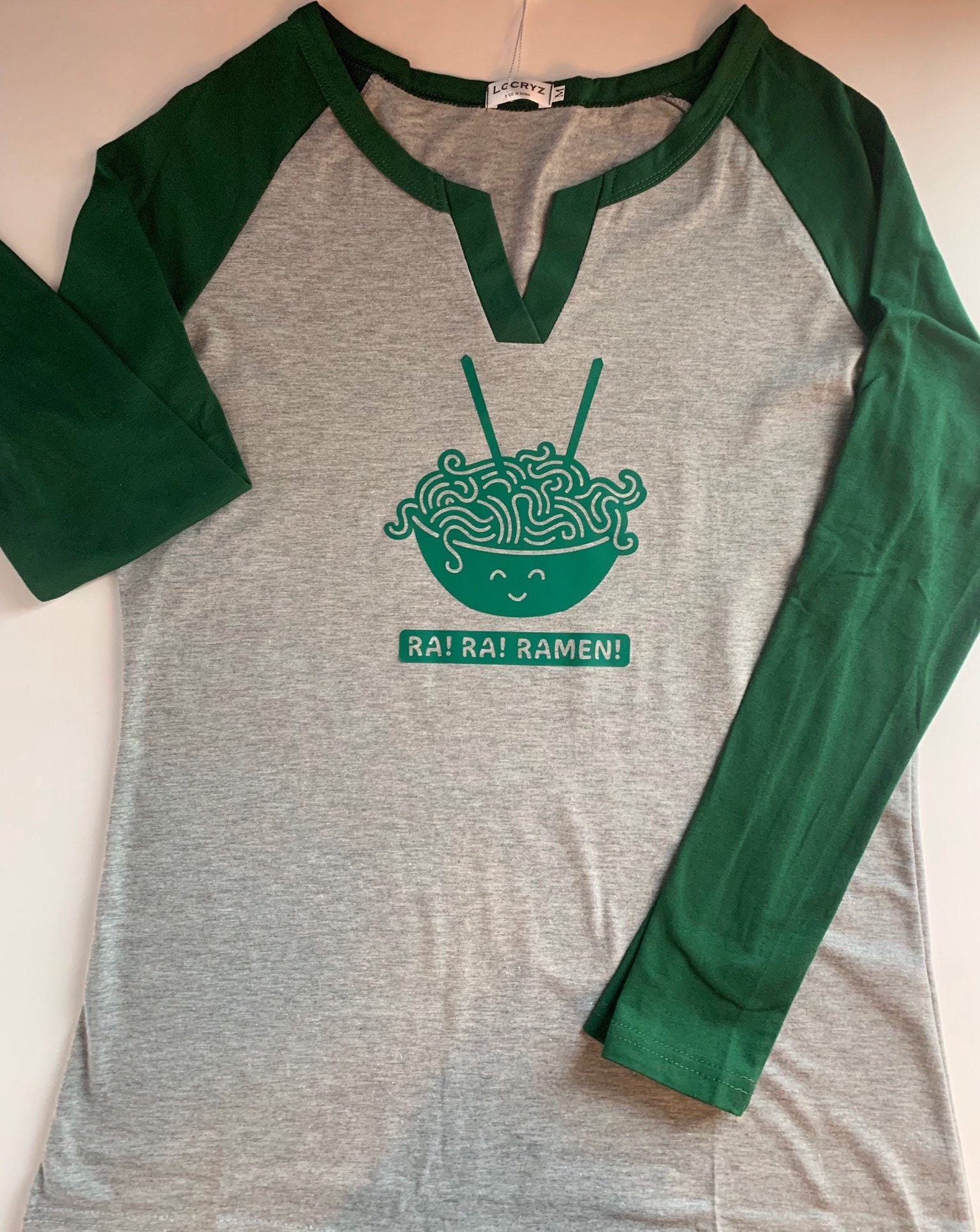 Ra Ramen Long Sleeve V-Neck Raglan Graphic T-Shirt Customizable Ramen Shirt
