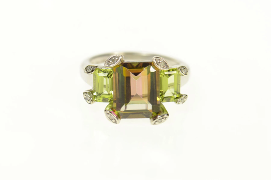 10K Ornate Mystic Topaz Peridot Diamond Cocktail Ring Size 5 White Gold