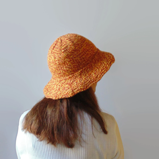 Wide Brim Bucket Hat Hand Knitted With Marbled Yellow & Amber Soft Blend Wool