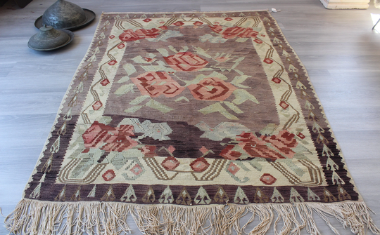 Beige Floral Kilim, Karabagh Kilim, Ethnic Vintage Rug/N-963