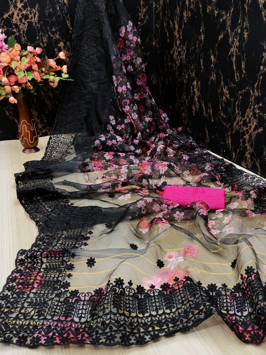 Pure Organza Saree Exclusive Blend Of Organza Lcuknawi Threadwork & Digital Print Lace Border Wedding Partywear Sabyasachi Bollywood Saree